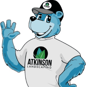 atkinson landscaping blue bear mascot waving