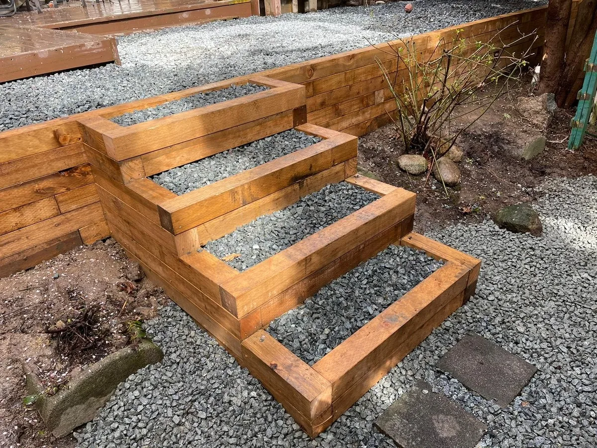 wood steps with gravel